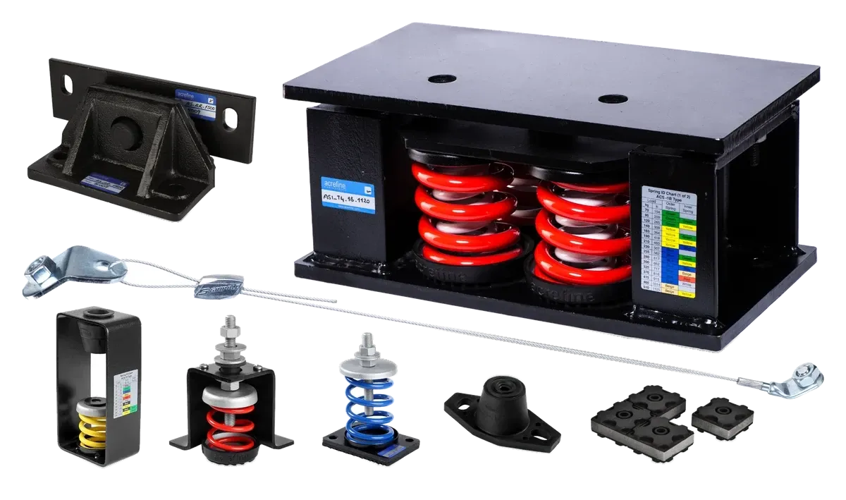 Acrefine product range: heavy-duty spring isolator, seismic snubber, seismic cable brace kit, spring hanger, housed and open spring mounts, rubber mount and anti-vibration pads