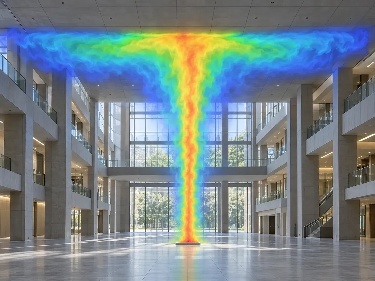 Building atrium with a CFD smoke model showing the fire plume rising and spreading under the ceiling