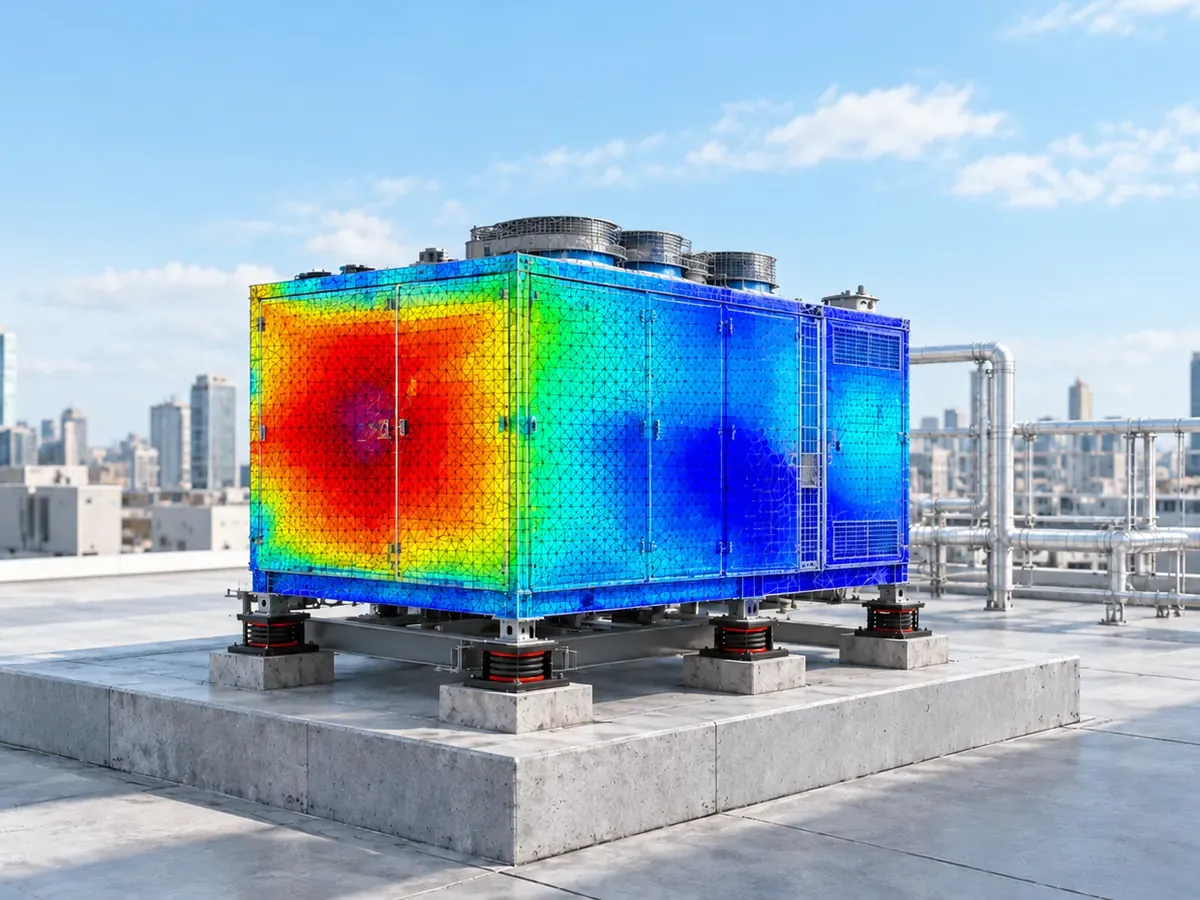 Rooftop air handling unit on spring isolators with a colour-mapped seismic analysis result