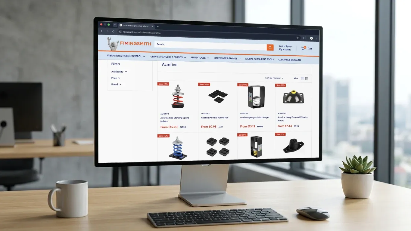 Fixing Smith online store showing the Acrefine product collection on a desktop monitor