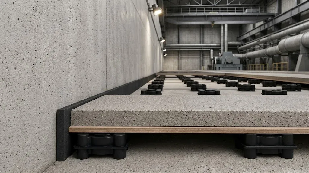 Concrete floating floor on black rubber isolation mounts, with a perimeter isolation strip at the wall, in a plant room